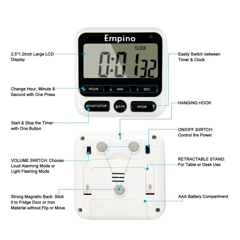 Empino Digital Kitchen Timer - Empino Upgraded 24-Hours Cooking Timer Clock Countdown Multifunction with Big Digits, Loud Alarm, Magnetic Backing Stand, and Memory for Cooking Baking Exercise, White - Image 1